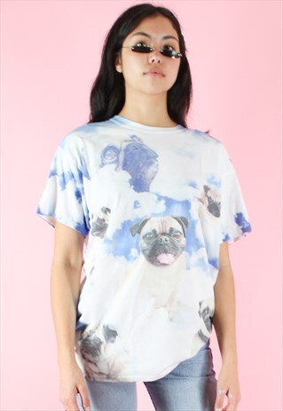 VINTAGE 90S T-SHIRT Y2K TIE DYE PUG DOG SKY CLOUDS PRINT