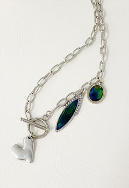 Silver T-Bar Heart & Opaline Charms Necklace