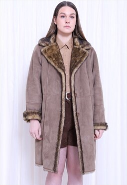 REVIVAL 80s Vintage Beige & Brown Suede Faux Fur Coat 