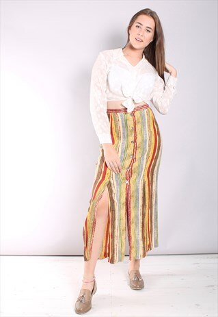 VINTAGE 80S STRIPE BUTTON THROUGH THIGH SPLIT MAXI SKIRT