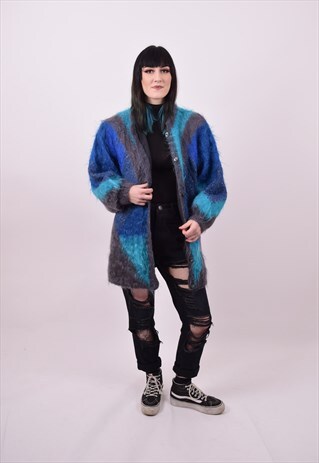VINTAGE 80'S BLUE OVERSIZED GRUNGE MOHAIR CARDIGAN LARGE