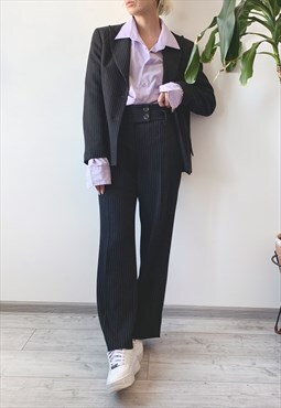 Vintage Y2K Women's Black Tailored Pinstripe Suit Set Co-ord