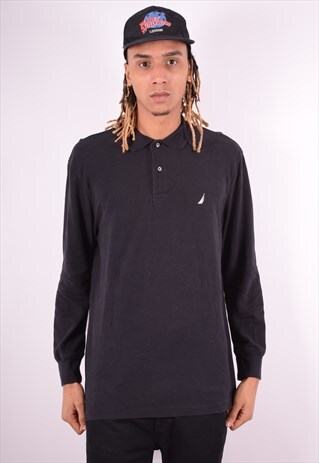 NAUTICA MENS VINTAGE POLO SHIRT LONG SLEEVE LARGE BLACK 90'S