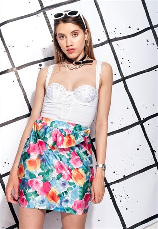 VINTAGE SKIRT 90S FLORAL FRILL ROSE PRINTED MINI TUBE SKIRT