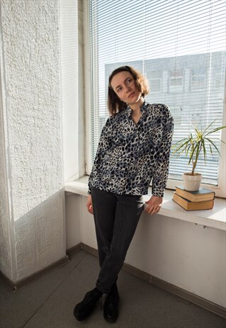 VINTAGE 80'S ANIMAL PRINT GREY/BLACK BLOUSE