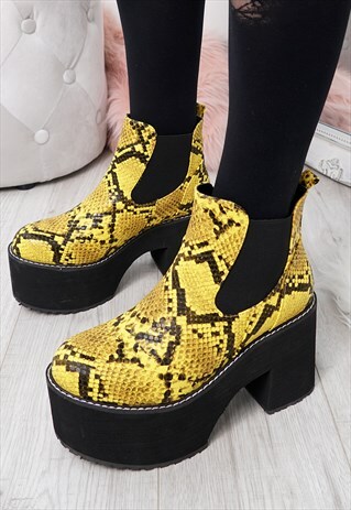 WOMENS YELLOW CHELSEA ANKLE BOOTS HEEL PLATFORM SHOES