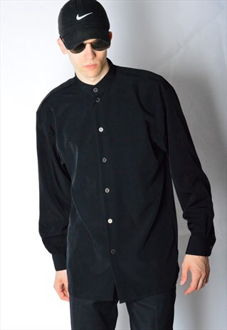 VINTAGE 90S BLACK MINIMALIST COLLARLESS SHIRT