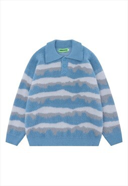  Striped polo sweater knitted fluffy jumper preppy top blue