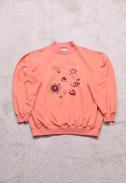 Women's Vintage 90s Dash Peach Floral Embroidered Sweater