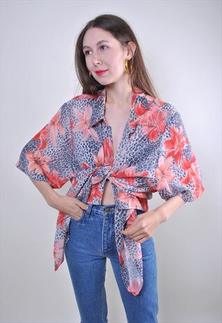 80S OVERSIZE LEOPARD PRINT VINTAGE FLOWERS BLOUSE