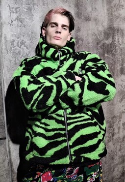 Zebra fleece jacket faux fur ted bear y2k bomber in green