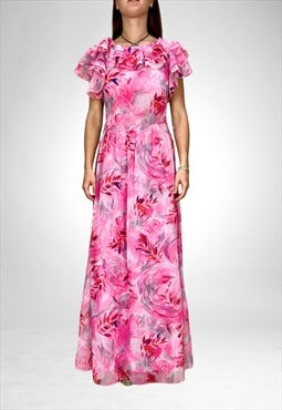 Vintage Pink Ruffle Sleeve Floral Maxi Prom Ball Dress