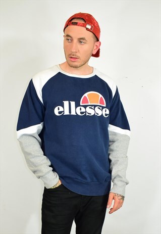 VINTAGE ELLESSE NAVY COLOUR BLOCK SPELL OUT SWEATER