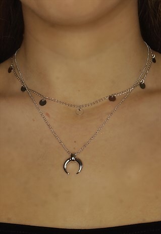 HORN PENDANT AND COIN DISC CHARM MULTIROW NECKLACE
