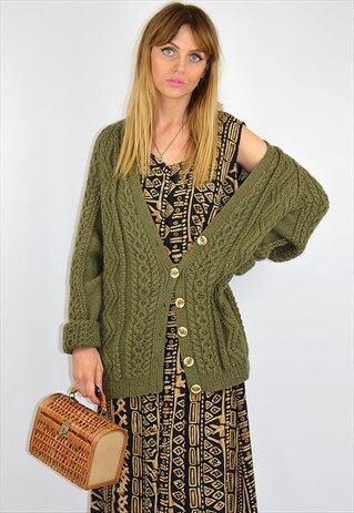 VINTAGE KHAKI GREEN OVERSIZED KNITTED CARDGIAN