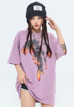 Flame print t-shirt burning fire tee grunge rock top purple