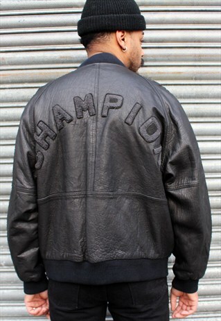 80S VINTAGE LEATHER BOMBER JACKET WITH CHAMPION ON THE BACK