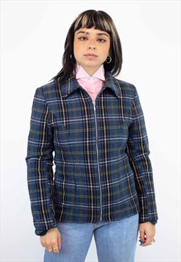 90s Check Pattern Cropped Jacket In Blue