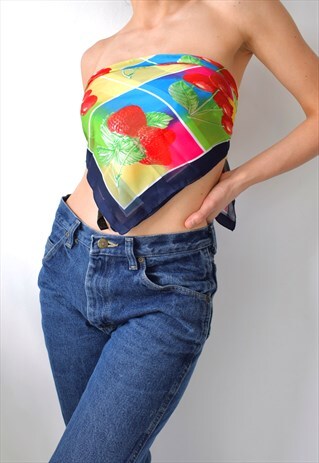 VINTAGE 80S-90S FRUIT PRINT SILKY CHIFFON BANDANA SCARF TOP
