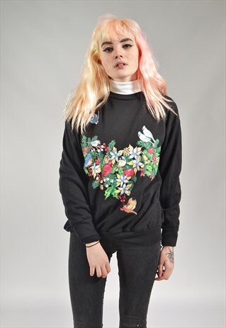 VINTAGE BLACK FLORAL BIRD TURTLE NECK SWEATER