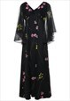 Vintage 1970s Black Floral Print Semi-Sheer Maxi Dress - M
