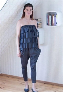 Dark grey ruffle cold shoulder jumpsuit