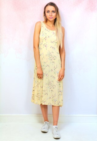 1990S VINTAGE LEMON COLOURED FLORAL PRINT MIDI DRESS