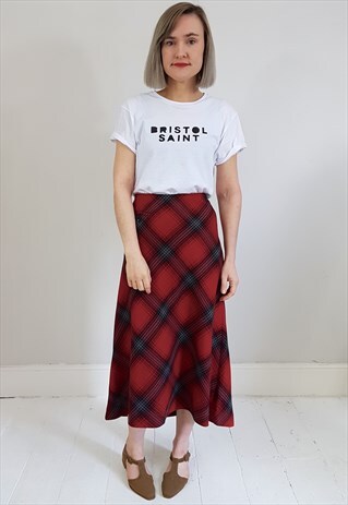 VINTAGE 90'S RED AND GREY TARTAN MIDI A LINE SKIRT