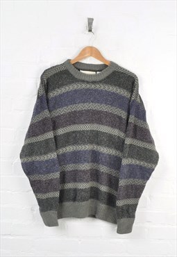Vintage Knitted Jumper Striped Pattern Grey Large
