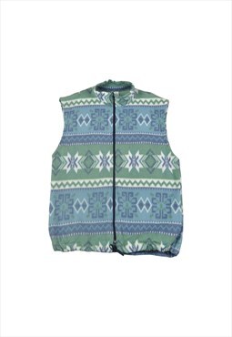 Vintage Fleece Vest Jacket Retro Pattern Blue/Green Medium