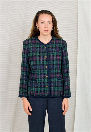 WOOL BLAZER ALFRED DUNNER VINTAGE 80'S BLUE GREEN TARTAN XL