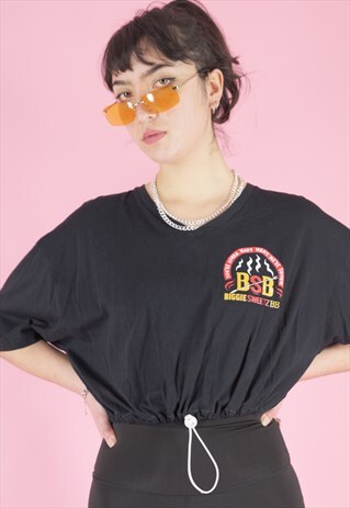 VINTAGE REWORKED CROP TOP IN BLACK WITH BBQ PRINT