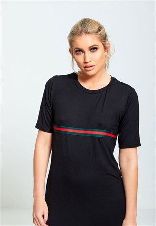 BLACK BASIC T-SHIRT DRESS WITH STRIPE DETAIL