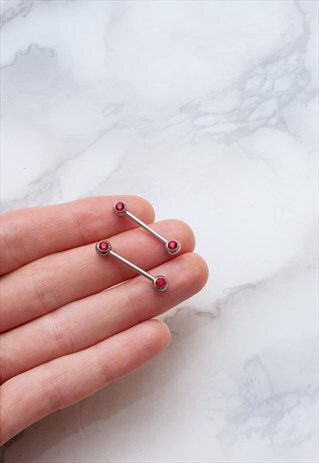 SURGICAL STEEL NIPPLE BAR SET OF 2 FORWARD RED GEM CRYSTAL