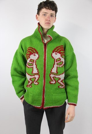 VINTAGE FUNKY PRINT GREEN KNIT ZIP-UP JUMPER