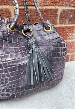 Purple Leather Croc Print Medium Shoulder Bag