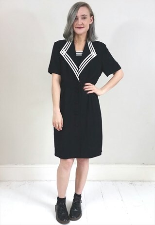 VINTAGE 90'S BLACK BUTTON DOWN SHIFT DRESS W/ WHITE BINDING