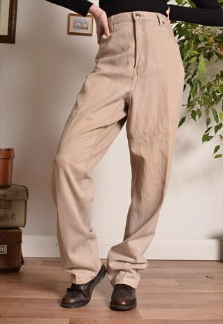 VINTAGE HIGH WAIST MOM JEANS IN BEIGE DENIM W34