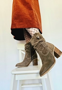 Vintage 90s retro brown faux suede cowgirl ankle boots
