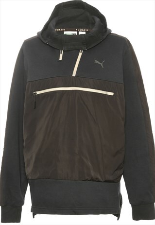BEYOND RETRO VINTAGE BLACK PUMA HOODED SWEATSHIRT - L