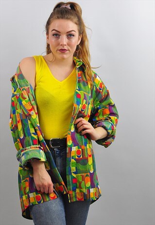 VINTAGE OVERSIZE CORDUROYABSTRACT FESTIVAL PATTERN SHIRT