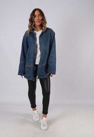 DENIM JACKET TARTAN LINED LONGLINE OVERSIZED LONG UK 16 DKER