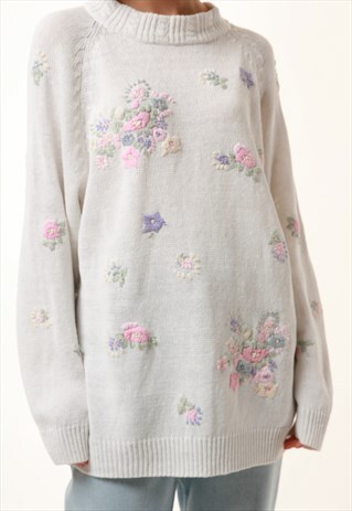 90S VINTAGE WHITE FLORAL KNITTED JUMPER SWEATER 1128