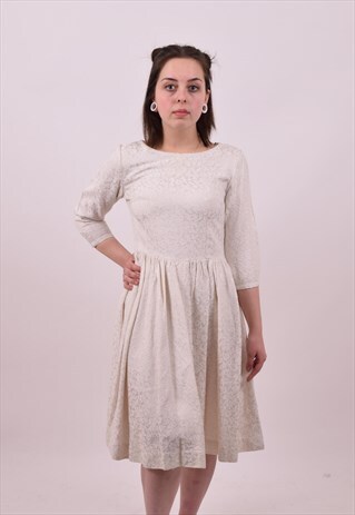 VINTAGE 50'S CREAM GOLD HANDMADE BROCADE DRESS SIZE 6 TO 8