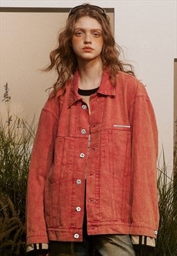 Vintage wash denim jacket bleached jean cropped varsity red