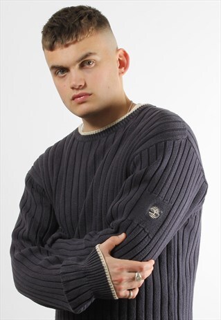 VINTAGE TIMBERLAND NAVY KNITTED JUMPER WITH SLEEVE PATCH