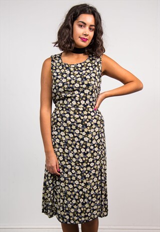 VINTAGE 90'S BLACK FLORAL PATTERN CUTE MIDI DRESS