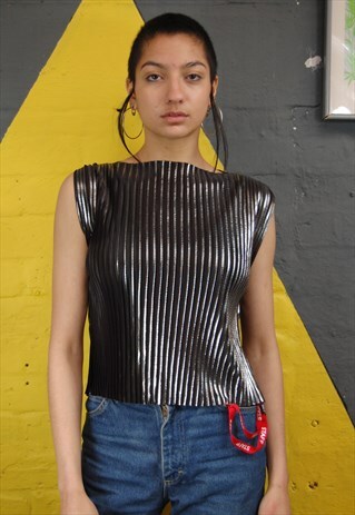 Y2K METALLIC PLEATED BOATNECK TOP