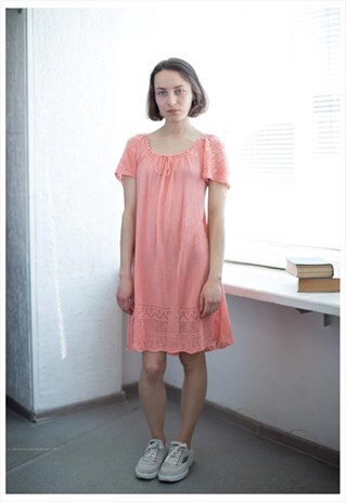 VINTAGE 80'S SALMON PINK KNITTED SHORT SLEEVED DRESS