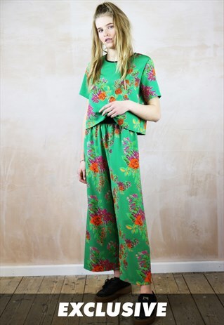 EXCLUSIVE ORANGE ROSE ON EMERALD PANTS & TOP CO-ORDINATES
